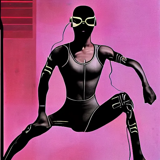 Prompt: Trinity the matrix, Female sprinter in athletic attire with cyborg legs, metal body, diesel punk, athletic footage, 1960's olympics, cinematic, art deco stadium
