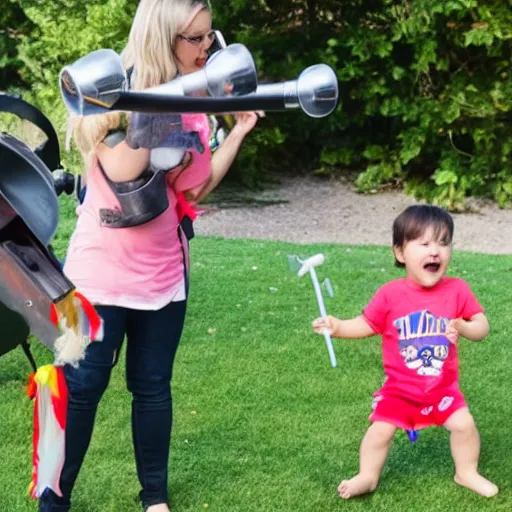 Prompt: launching babies out of a t - shirt cannon