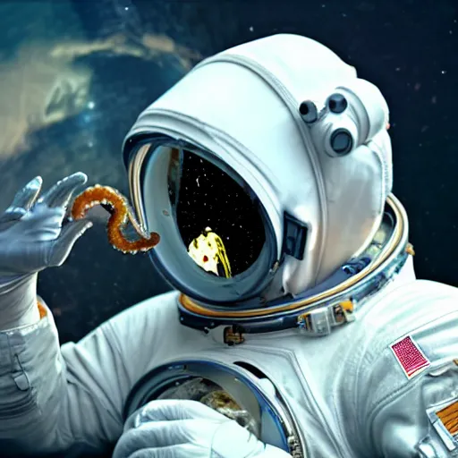 Prompt: a astronaut opening his gaping mouth to ok only reveal a large tentacle come out while the space suit is glass is getting broken, and the tentacle is strangling another astronaut, 8 k, hyper realistic, unreal engine 5, highly detailed, coherent, well rendered, cgi,