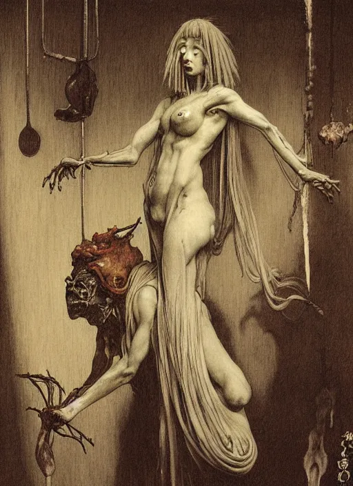 Prompt: hyper realistic traditional japanese illustration of a ghost in the kitchen, haunted atmosphere, in the style of austin osman spare, wayne barlowe, gustav moreau, goward, gaston bussiere and roberto ferri, santiago caruso, bouguereau, klimt, saturno butto, sorayama. occult art, alchemical diagram