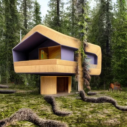 Image similar to a house made of a long hair. The house is made of 3 mammalian abdomens. The fur house sits in a lake on the edge of a forest. A family is living inside the fur house and it is furnished with contemporary furniture and art. ultra wide shot, Coronarender, 8k, photorealistic