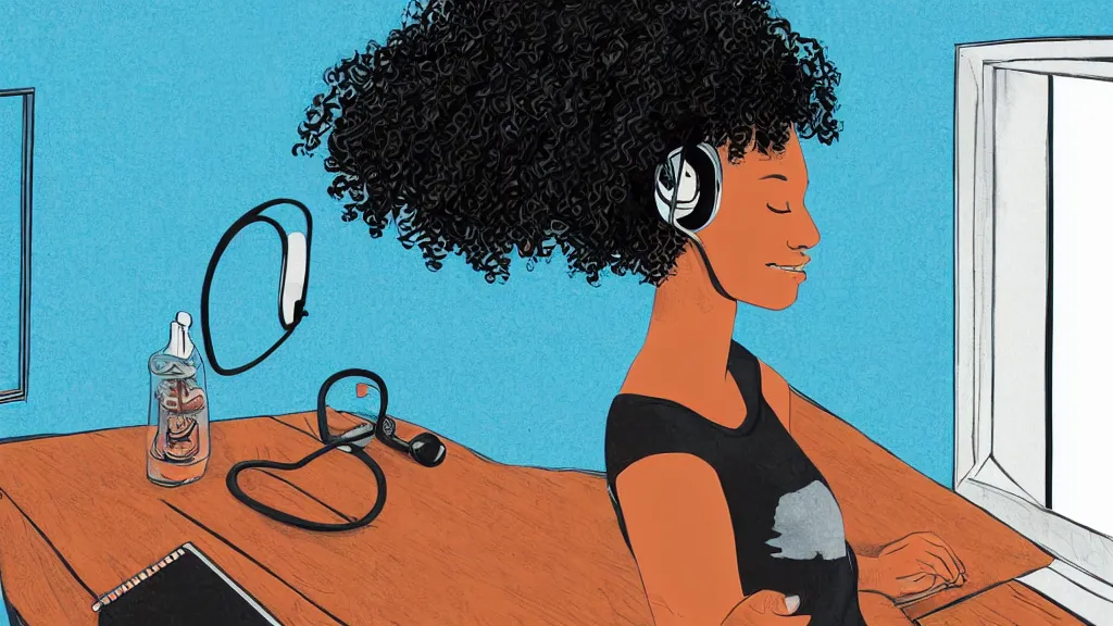 Image similar to black girl, curly hair, with headphones, studying in bedroom, window with rio de janeiro view, lo-fi illustration style, digital art, alive colors