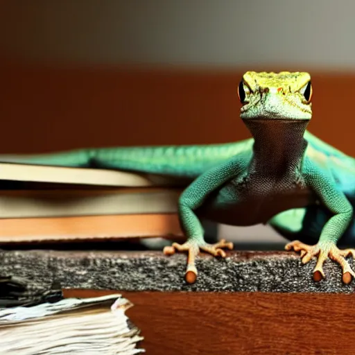 Image similar to the! gecko from geico commercials! on a table,! being crushed! by a stack of books