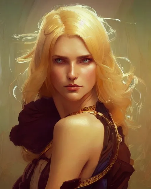 Image similar to '' Portrait of Beautiful blonde Slavic woman in her early 30’s, league of legends, LOL, fantasy, d&d, digital painting, artstation, concept art, sharp focus, illustration, art by greg rutkowski and alphonse mucha ''