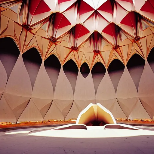 Image similar to interior of a futuristic lotus temple with gold, red and white marble panels, in the desert, by buckminster fuller and syd mead, intricate contemporary architecture, photo journalism, photography, cinematic, national geographic photoshoot