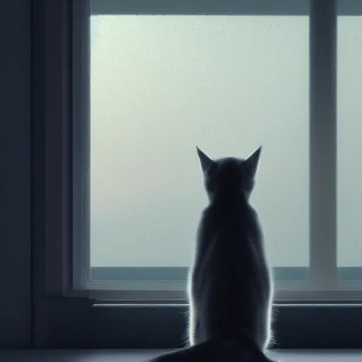 Image similar to Big european shorthair cat and small fluffy kitten from the back in the apartment room looking to window in a cyberpunk city, soft god rays from city lights outside the window, unreal engine 5, soft neon atmosphere, photorealistic, soothing colors, somber melancholic matte painting, hyperrealism, hyperrealistic, cinematic masterpiece, cyberpunk style 8k ultrahd octane render