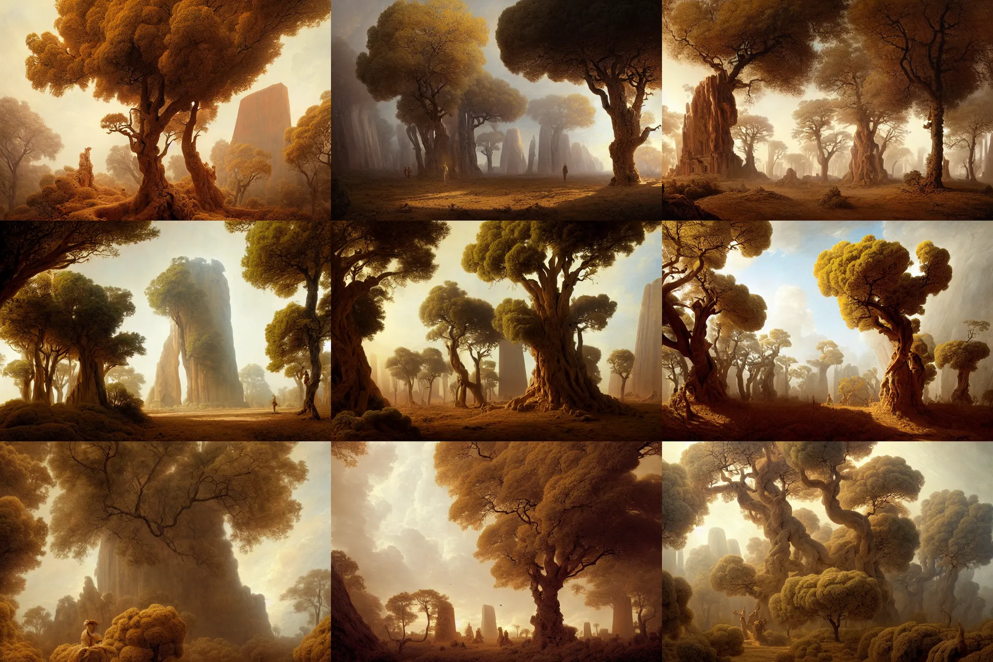 Prompt: colonial maze of dry trees around a large monolith, raining ash, stoic, light dust, magnificent, hyperdetailed, theatrical, dutch angle, close up, masterpiece, painted by jean honore fragonard and greg rutkowski and rob alexander
