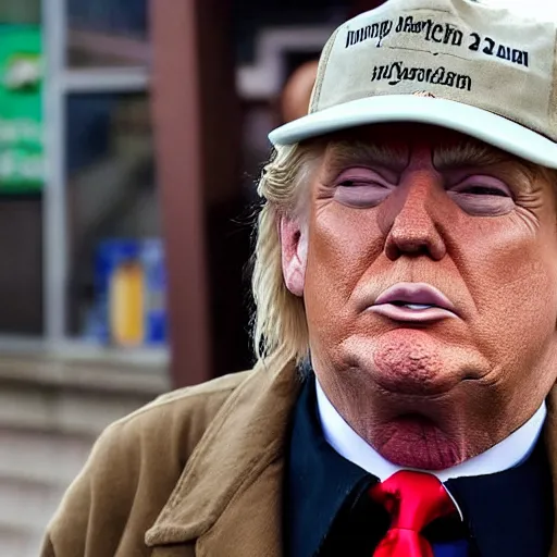 Image similar to donald trump dressed as a homeless man living in the slums