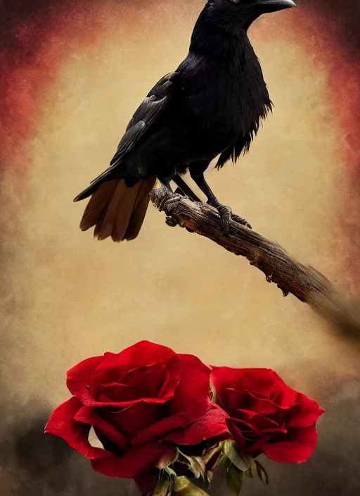 Image similar to red and golden color details, empty space at the top of the image, portrait, A crow with red eyes in front of the full big moon, book cover, red roses, red white black colors, establishing shot, extremly high detail, foto realistic, cinematic lighting, by Yoshitaka Amano, Ruan Jia, Kentaro Miura, Artgerm, post processed, concept art, artstation, raphael lacoste, alex ross, portrait, A crow with red eyes in front of the full big moon, book cover, red roses, red white black colors, establishing shot, extremly high detail, photo-realistic, cinematic lighting, by Yoshitaka Amano, Ruan Jia, Kentaro Miura, Artgerm, post processed, concept art, artstation, raphael lacoste, alex ross