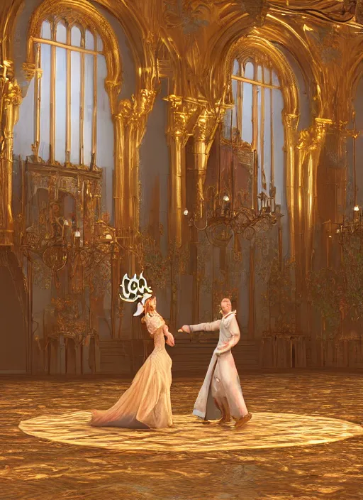 Prompt: highly detailed digital illustration of a newly married medieval king and queen dancing in the grand ballroom of a fantasy castle | fantasy art, cryengine, concept art, photorealism, daz 3 d, sketchfab, zbrush, vray, rule of thirds, golden ratio