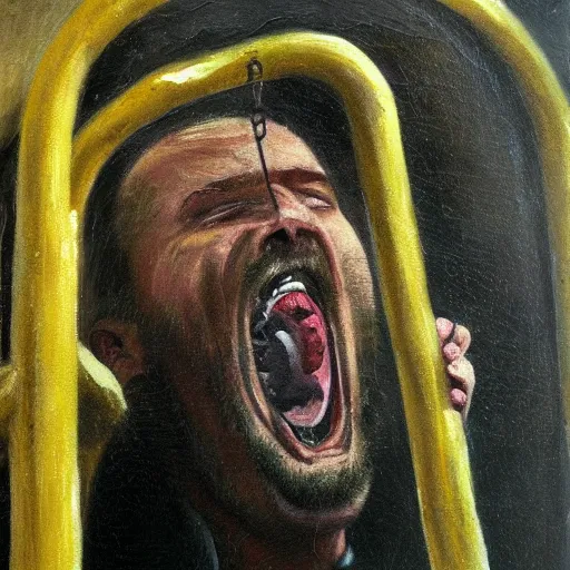 Image similar to a screaming prisoner holding prison bars, realism old oil painting