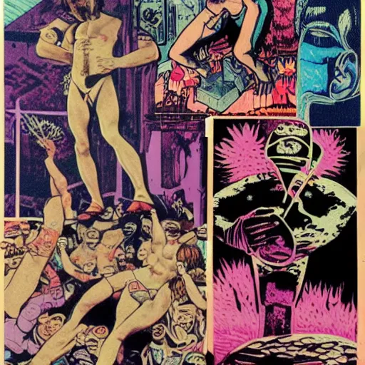 Prompt: 1980 xerox fanzine cutout collage, ancient greek, lunch time on Jupiter, punk party, aquatical plants, painted part by Kilian Eng, part by Leonardo DaVinci, part by Tom of Finland, composition by moebius, 35mm, graflex