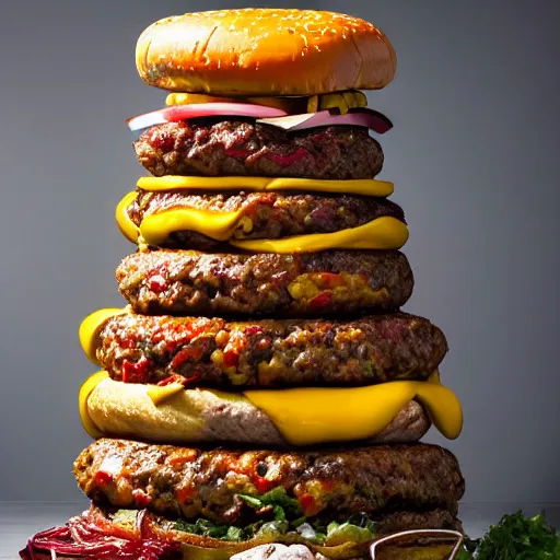 Image similar to a photograph of a giant cheeseburger tower, cooked to perfection, chefs table, netflix, gourmet, three michelin star