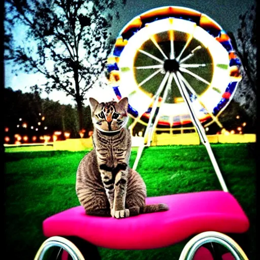 Image similar to !!! cat!!!, ferris wheel, feline, sitting, riding, funny, award winning photo, realistic,