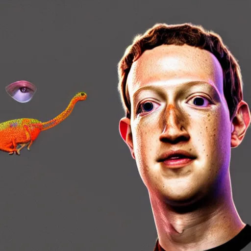 Prompt: UHD photorealistic zuckerberg with chameleon eyes, sitting in a dark room lit be a lava lamp looking at a fly on a wall