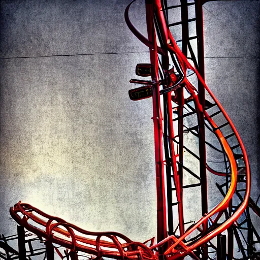 Image similar to a photograph of a broken rollercoaster, digital art