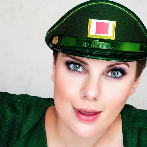 Prompt: brunette woman, short hair, flipped out ends, bright green eyes, military uniform, smirk