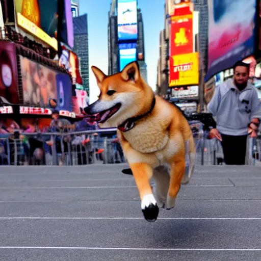 Prompt: shiba inu dog skateboarding in times square