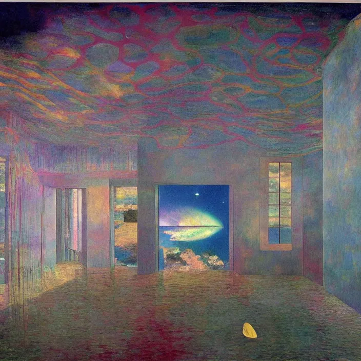 Prompt: interior of a house flooded. aurora borealis. iridescent, psychedelic colors. painting by balthus, piero della francesca, agnes pelton, utamaro, monet