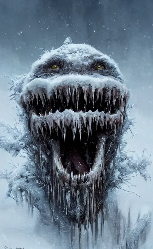 Prompt: portrait of a frozen monster creature, in a snowy field, teeth, fantasy, highly detailed, cinematic lighting, digital art painting by greg rutkowski