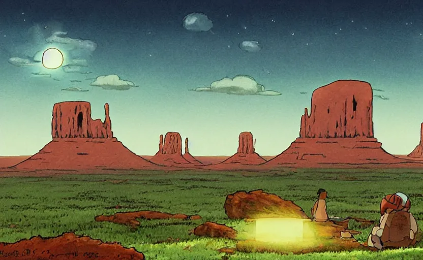 Image similar to a cell - shaded studio ghibli concept art from paprika ( 2 0 0 6 ) of a ufo with lights independence day ( 1 9 9 6 ) sitting on top of a lush temple that looks like monument valley stonehenge jungle on a misty starry night. a giant camel is in the foreground. very dull colors, hd, 4 k, hq