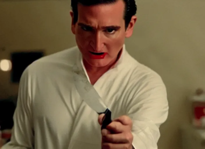 Image similar to film still of ted cruz as patrick bateman wearing a bloody poncho holding a knife in american psycho