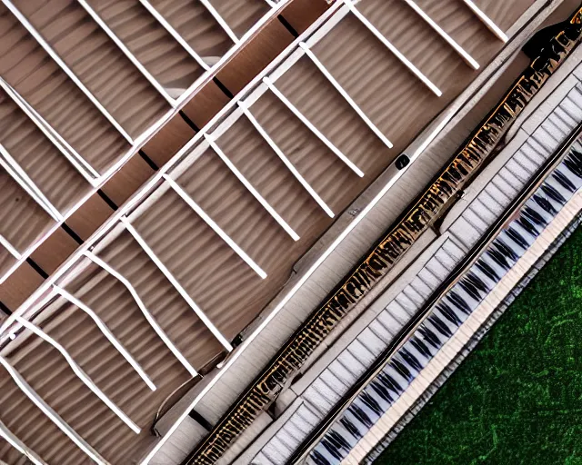 Image similar to top down view of a piano colleseum. the walls are closing in, every surface is a playable keyboard. many hands play the keys