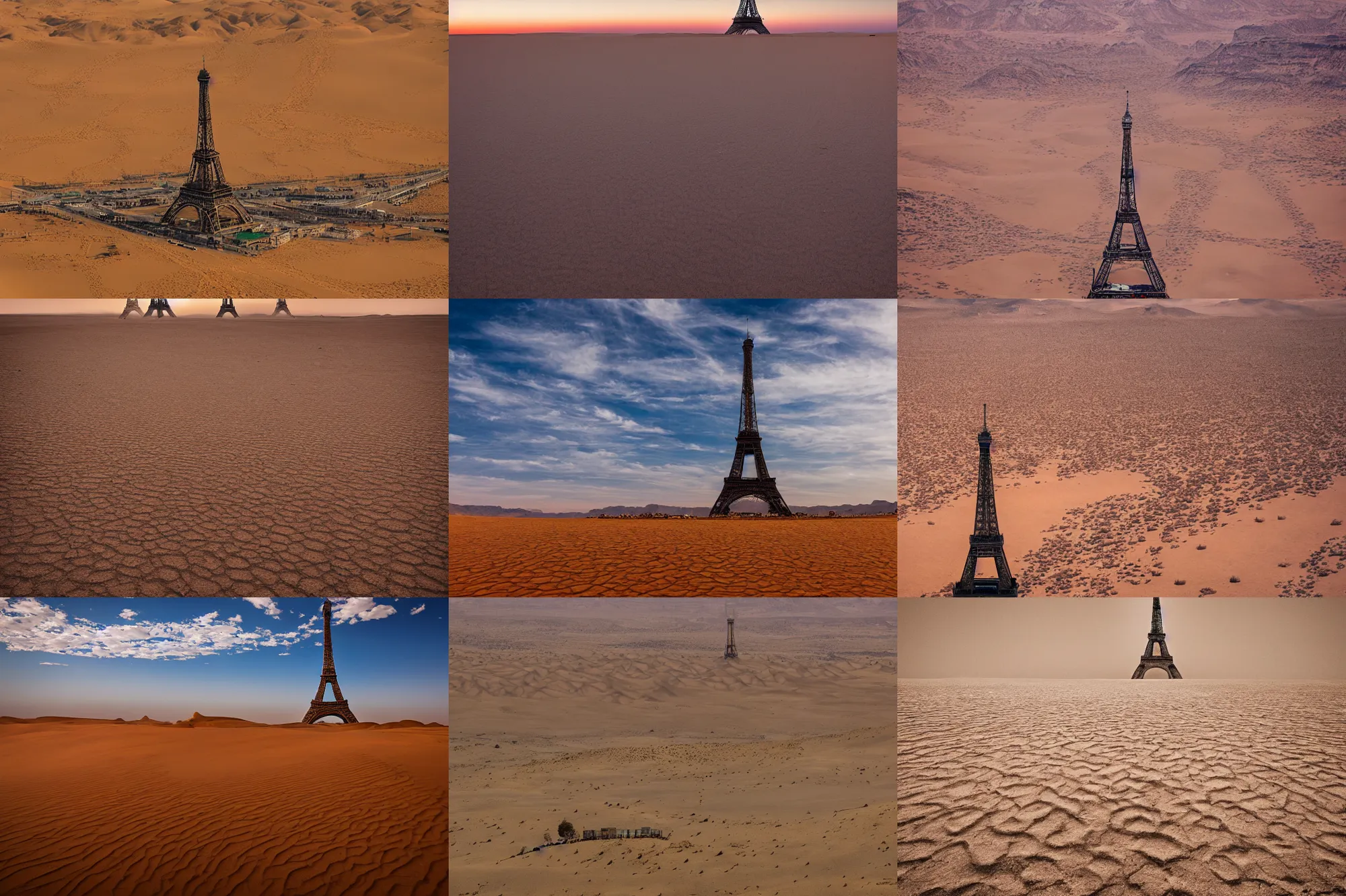 Prompt: an award winning landscape photo of the Eiffel Tower in the Gobi desert