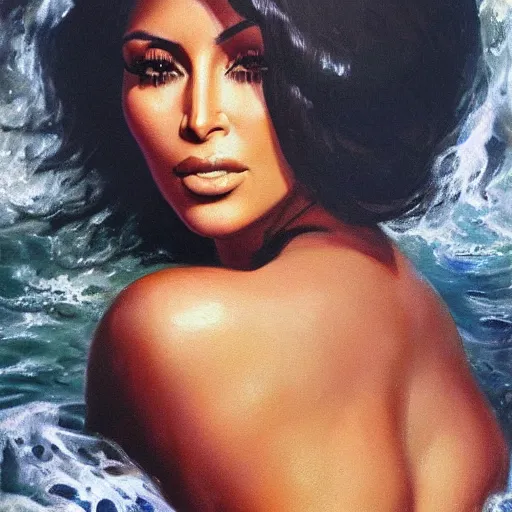 Prompt: ultra realistic portrait painting of kim kardashian in ocean's 8, art by frank frazetta, 4 k, ultra realistic, highly detailed, epic lighting.