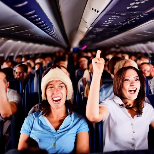 Prompt: a lot of people cheering in a airplane cabin