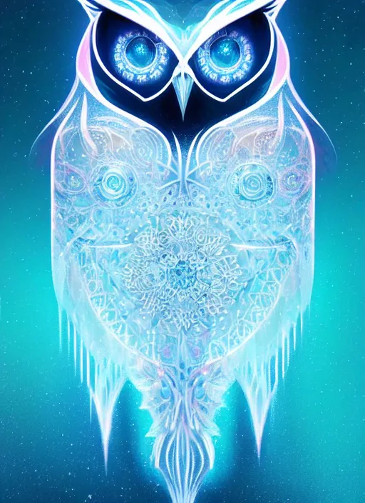 Image similar to symmetry!! product render poster vivid colors divine proportion owl, ice and snow, glowing fog intricate, elegant, highly detailed, digital painting, artstation, concept art, smooth, sharp focus, illustration,