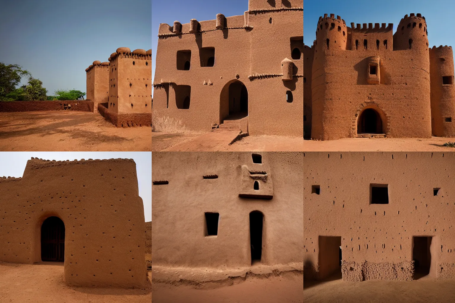 Prompt: High-quality photography of an old West African castle made of mud bricks, National Geographic