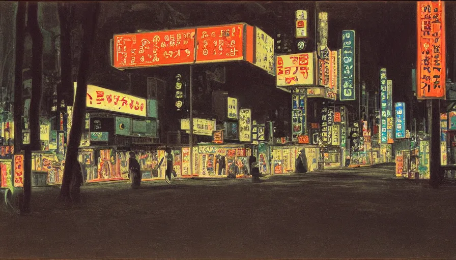 Prompt: wide film still, long exposure of tokyo street scene, by henri rousseau, night time, neon lights