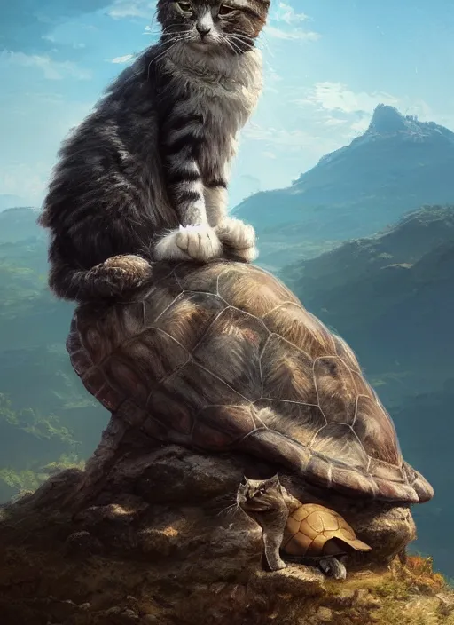 Image similar to Portrait of scruffy haired cat on a tall mountain sitting on a turtle, realistic, detailed, 4k by Greg Rutkowski Mark Arian trending on artstation