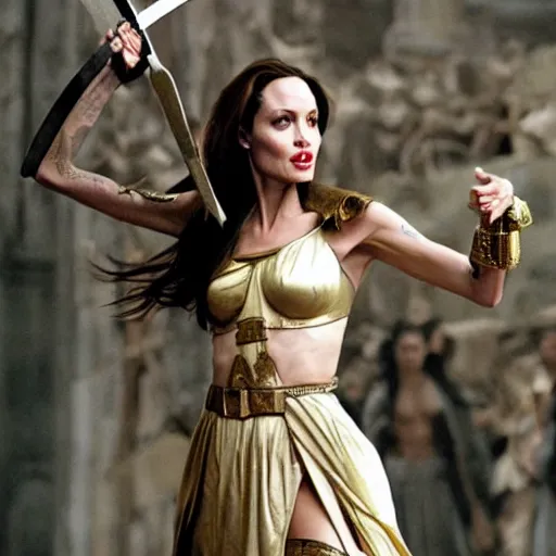 Image similar to angelina jolie as the greek goddess athena, fighting in battle, action scene, live action, dynamic