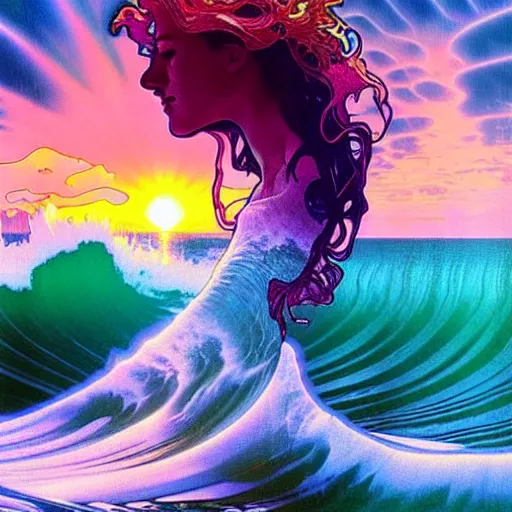 Image similar to ocean wave around giant psychedelic orchid, lsd water, dmt waves, backlit, sunset, refracted lighting, art by collier, albert aublet, krenz cushart, artem demura, alphonse mucha