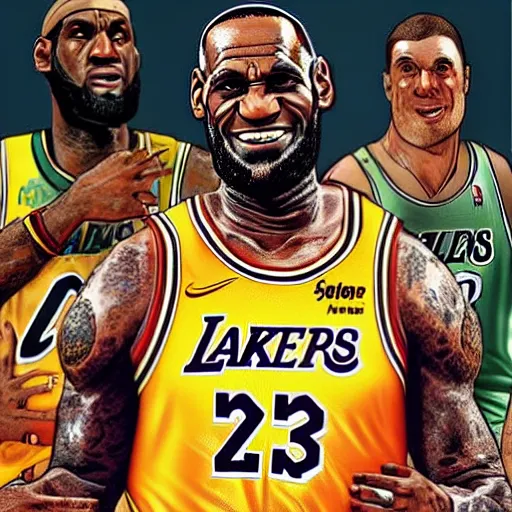 Image similar to happy lebron james, gta v cover art, art by stephen bliss