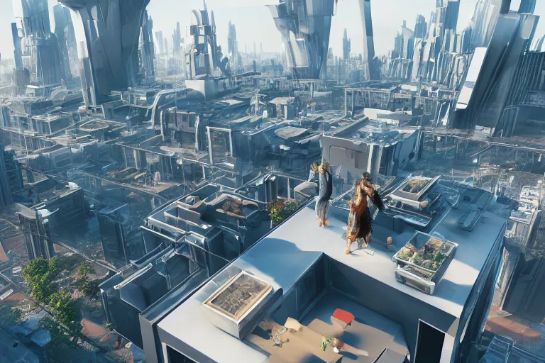 Image similar to rooftop view of a futuristic city highly detailed, photorealistic portrait, bright studio setting, studio lighting, crisp quality and light reflections, unreal engine 5 quality render