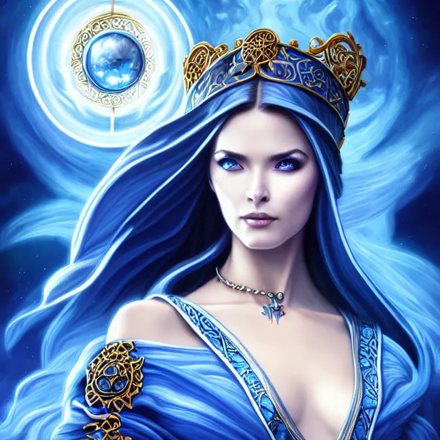 Image similar to beautiful!! elemental sky witch with intricate ornate blue and white robes and sky powers artgerm anne stokes highly detailed 8 k hdr smooth sharp focus high resolution award - winning photo photorealistic