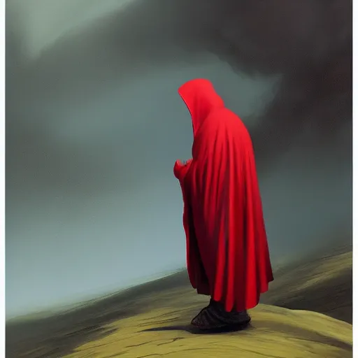 Image similar to the hooded red monk, side profile, trending on artstation, 8 k, by gerard brom and zdzisław beksinski