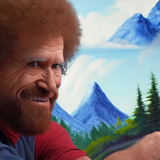 Image similar to a closeup photorealistic photograph of bob ross working on a canvas painting of deadpool. film still. brightly lit scene. mountains and trees. this 4 k hd image is trending on artstation, featured on behance, well - rendered, extra crisp, features intricate detail, epic composition and the style of unreal engine.