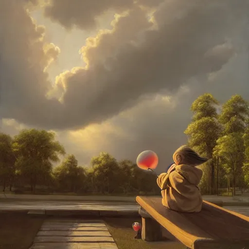 Image similar to eye - level view, shot from 5 0 feet distance, baby yoda plays is on a seesaw at a tranquil city park. a balloon vender sells balloons in the background. depth, dramatic clouds, setting sun. golden hour, oil on canvas painting, detailed, depth, volume, chiaroscuro, quiet intensity, serene.