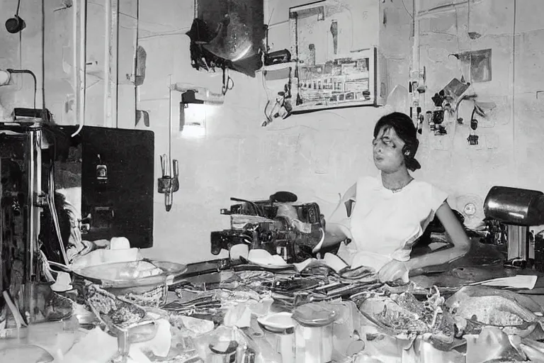 Image similar to umm kulthum in a morning gown frying an egg on a stove in her kitchen, photograph by Annie Leibovitz