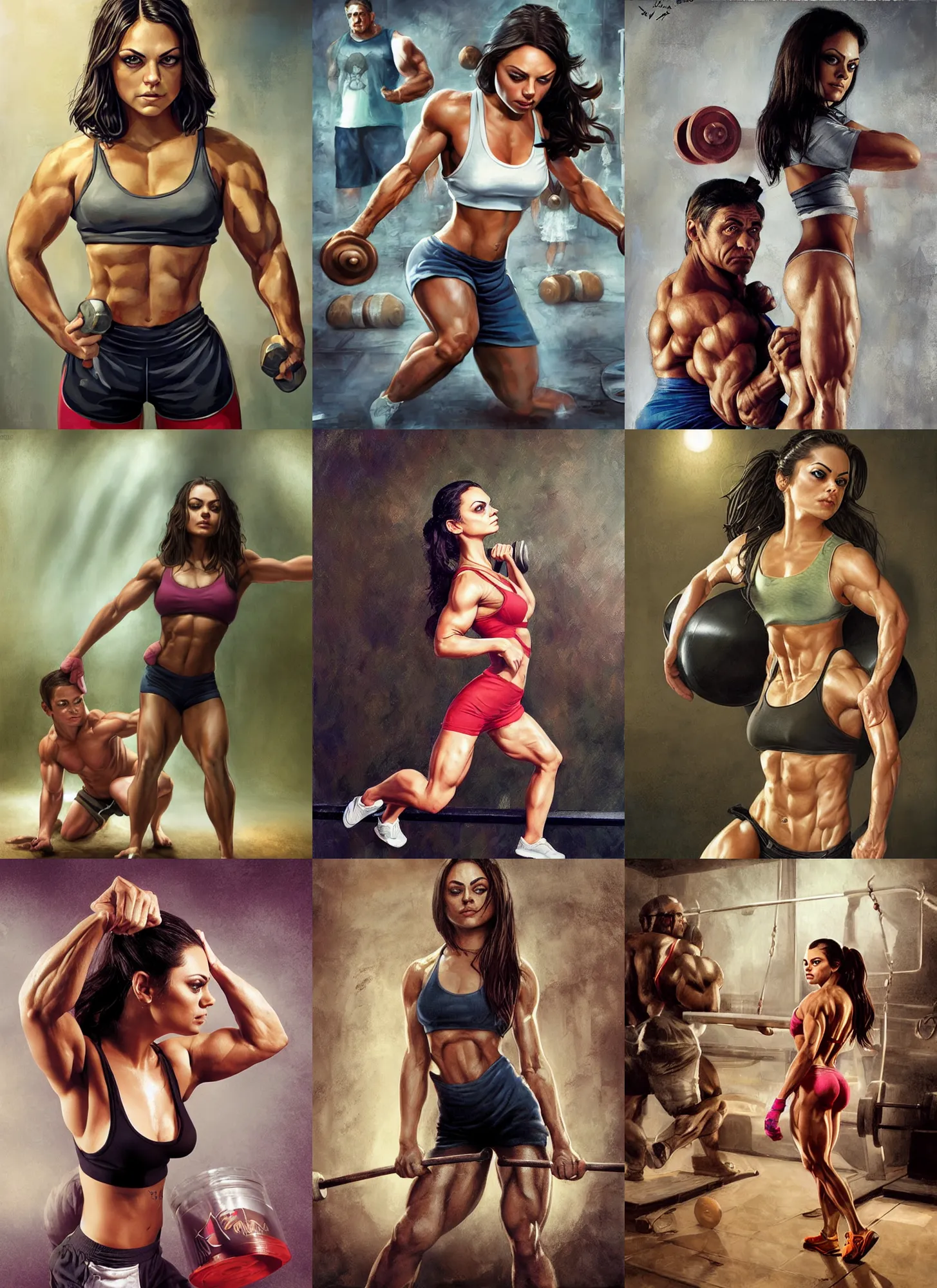 Image similar to bodybuilder mila kunis working out, wlop, steve argyle, ilya kuvshinov, ralph horsley, rossdraw, mark ryden, daniel f. gerhartz, sophie anderson, lilia alvarado, tom chambers