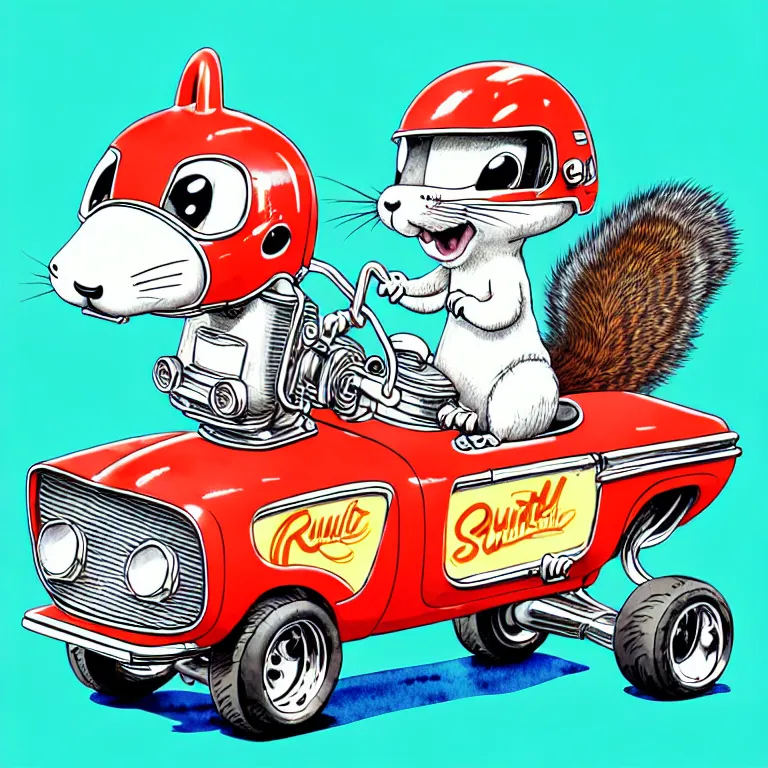 Image similar to cute and funny, squirrel wearing a helmet riding in a hot rod with oversized engine, ratfink style by ed roth, centered award winning watercolor pen illustration, isometric illustration by chihiro iwasaki, edited by range murata, tiny details by artgerm and watercolor girl, symmetrically isometrically centered, sharply focused