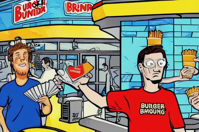 Image similar to Tim Dillon working at Burger King because he lost all of his money leverage trading bitcoin, mike judge art style, 90s mtv illustration