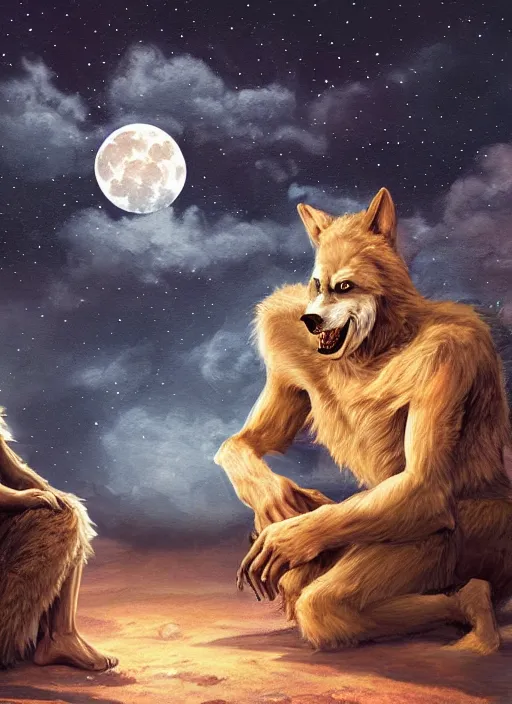 Prompt: a painting of a werewolf at night sitting next to a human child in front of full moon, fantasy art, matte painting, highly detailed