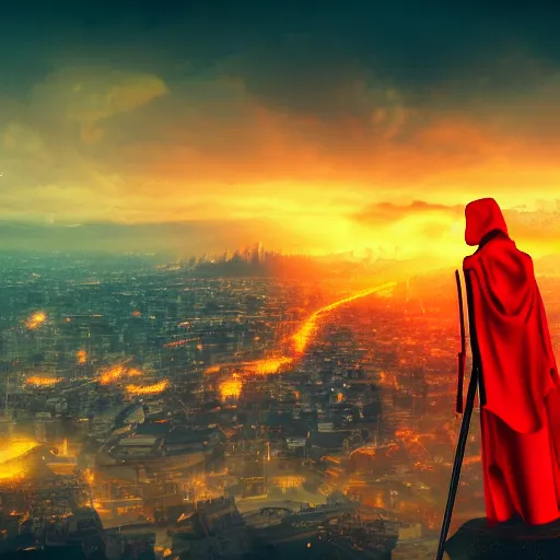 Image similar to Red grim reaper watching over a city in flames, yellow sky, 8k resolution