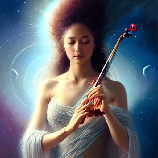 Prompt: a high quality life like portrait of a very very beautiful! celestial goddess of life playing a mystical violin and springing life into the universe, highly detailed, intricate, sharp focus, fantasy, mystical, dreamlike, exotic, realistic, by WLOP and greg rutkowski