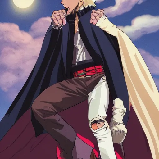 Image similar to manga full color white hair tan skin man white finger nails brown bomber jacket with blue jeans steals money from dracula wearing black cape looking furious